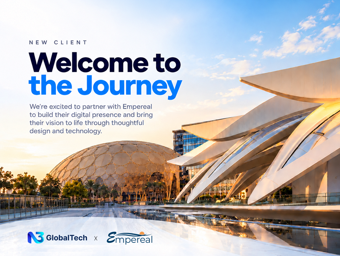 N3 Global Tech and Empereal new-client announcement poster, with Welcome to the Journey above an architectural scene and both company logos