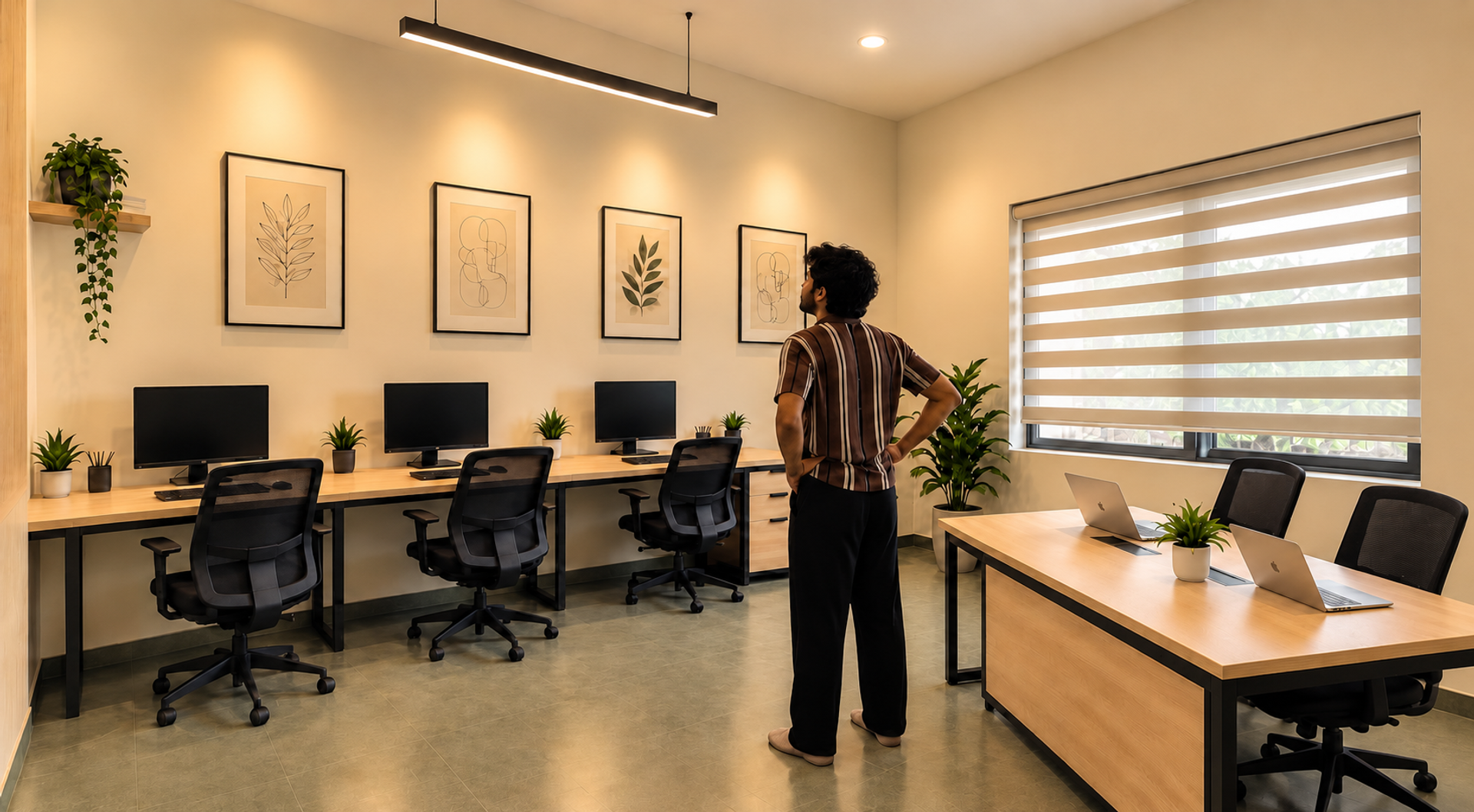 The N3 workspace vision with wooden desks, monitors, plants, warm lighting and the same person looking around the room
