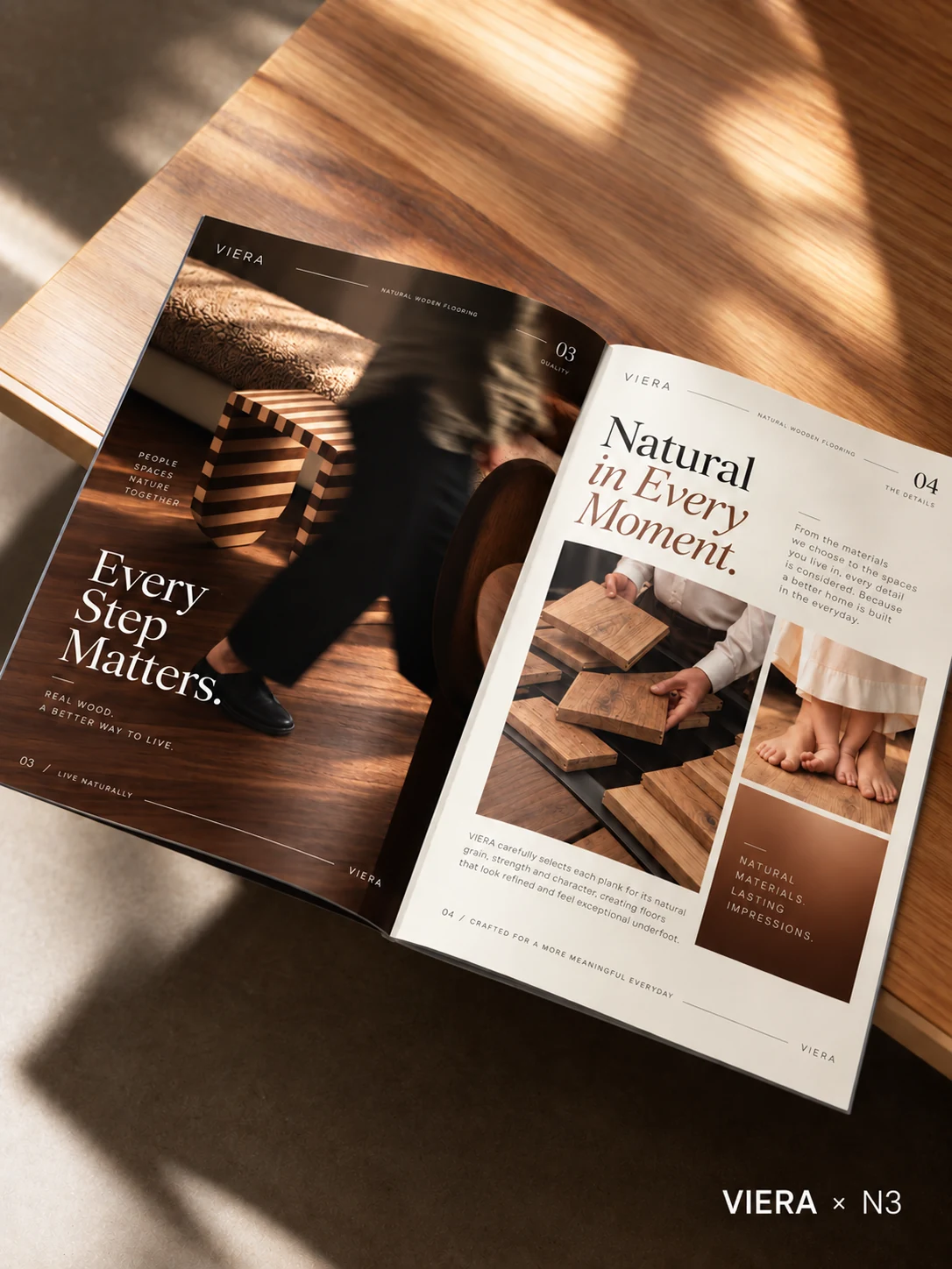 VIERA brochure presentation showing a warm wooden flooring spread, credited VIERA × N3