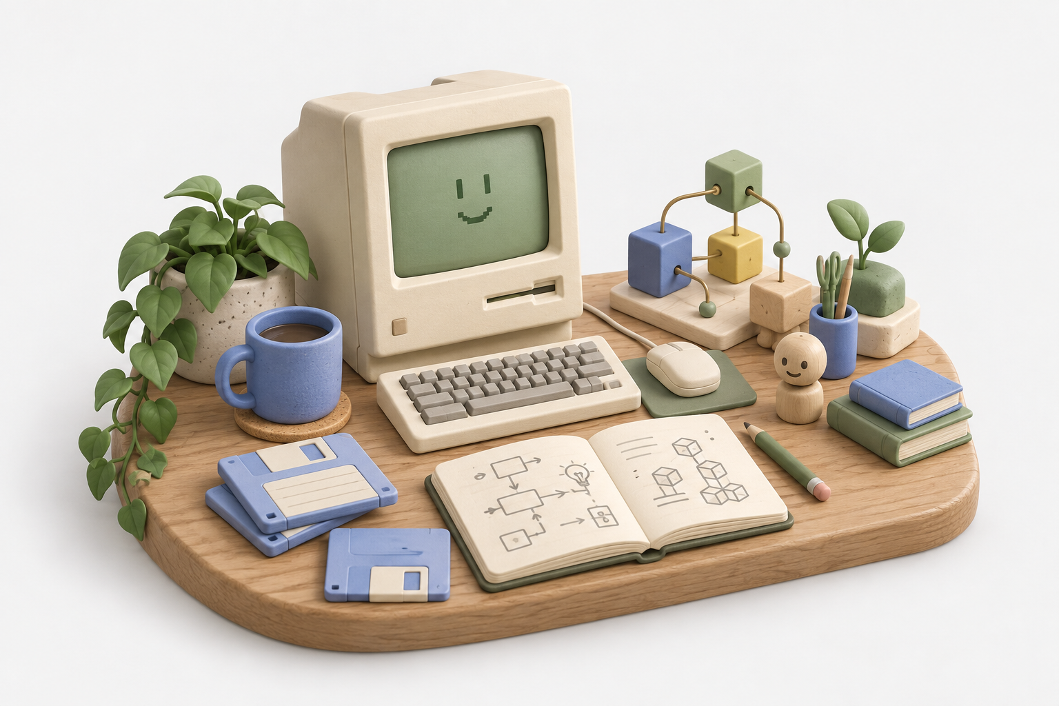 A miniature builder desk with a computer, notebook and connected blocks