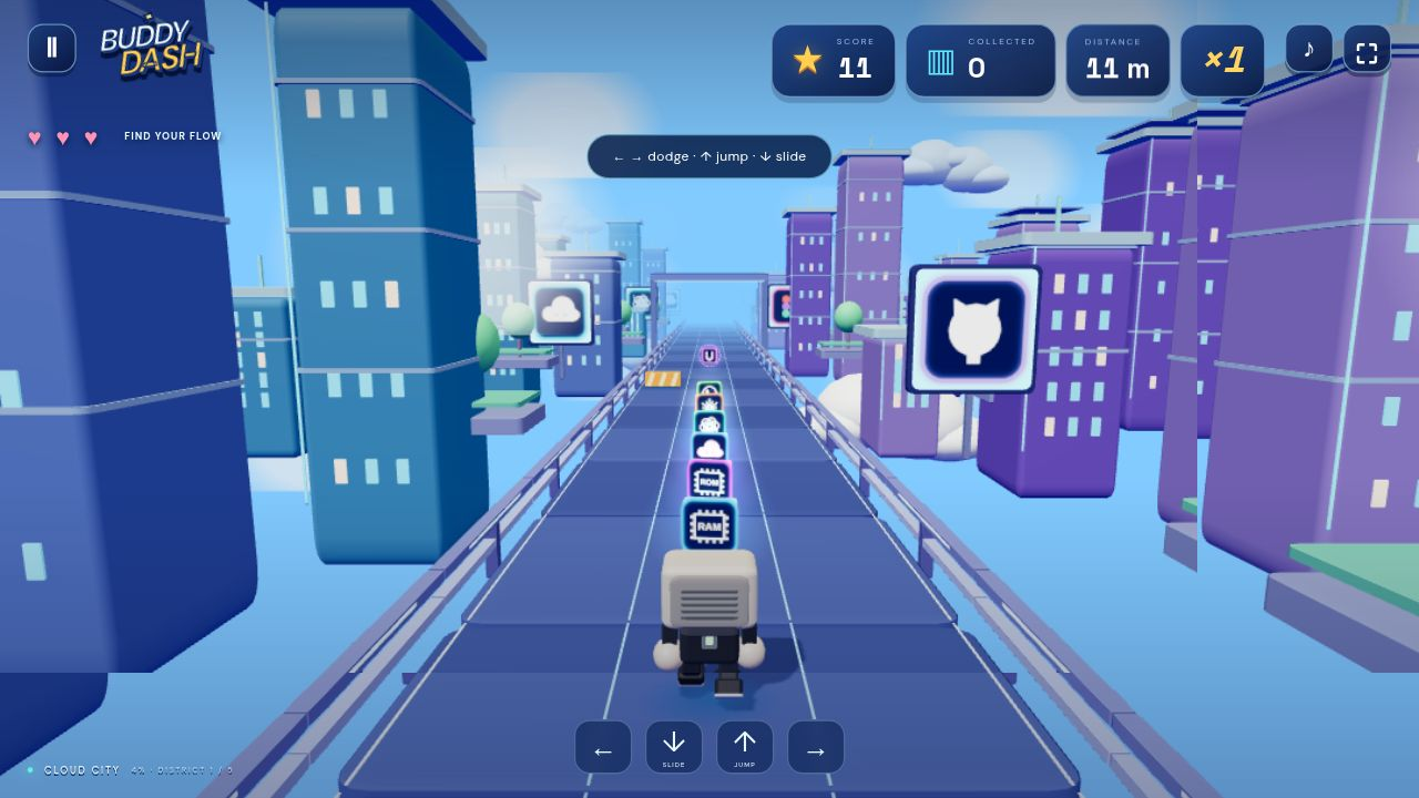 Buddy running through the 3D Cloud City with glowing software collectibles