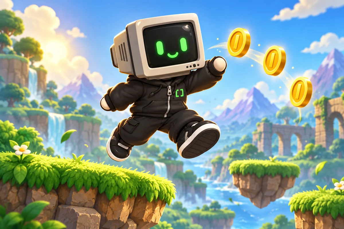Buddy leaping between grassy floating islands to collect golden coins