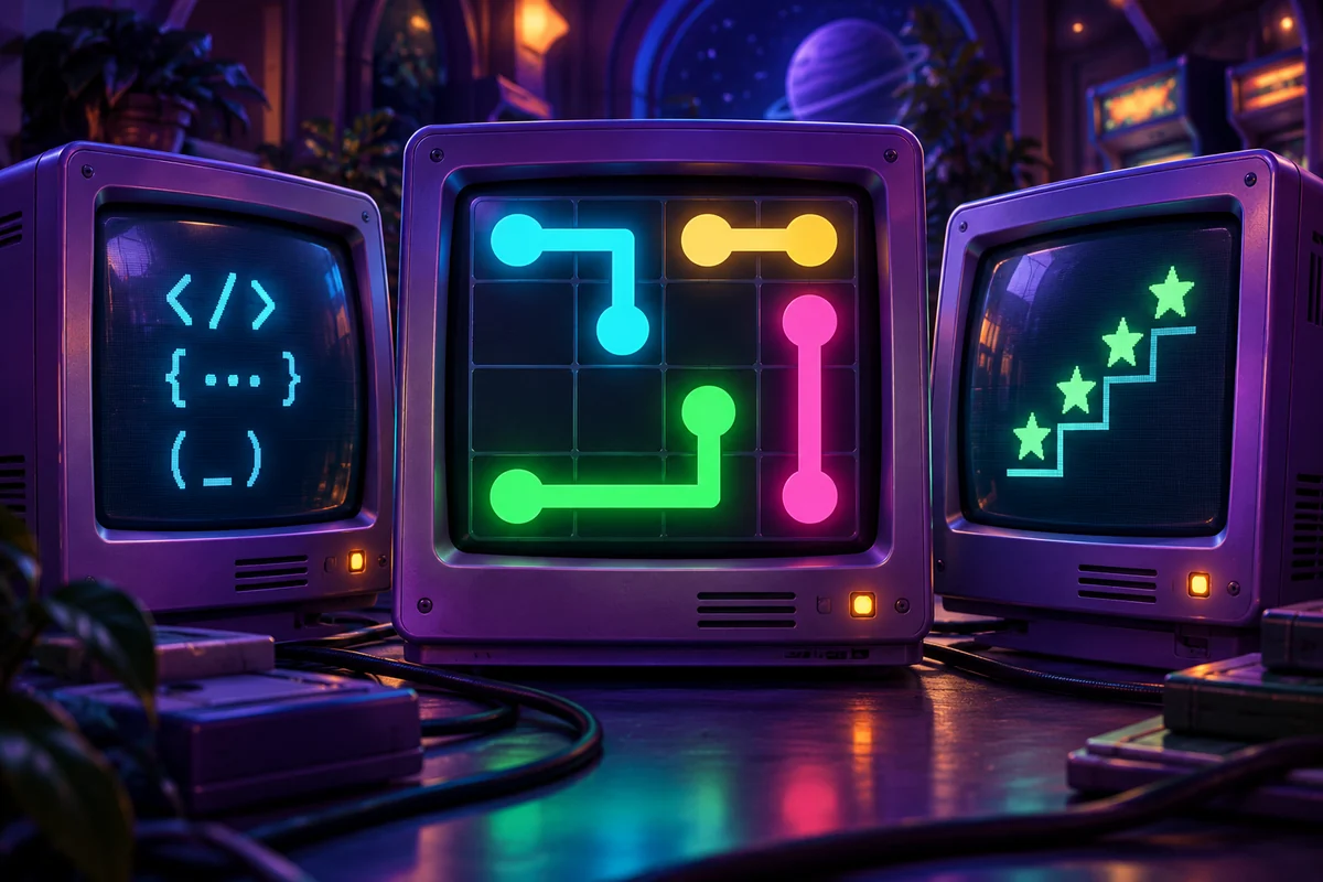 Purple retro code and output monitors surrounding a colourful neon wire puzzle