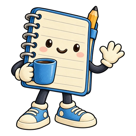 Painted notebook character waving with a coffee cup