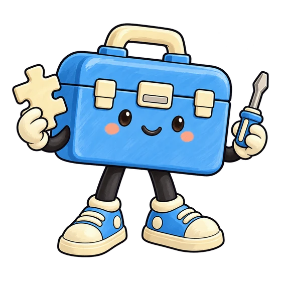 Outlined toolbox character holding a puzzle piece and screwdriver
