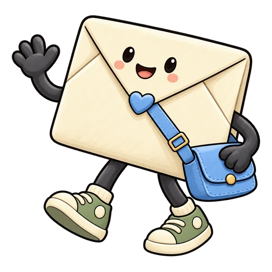 A painted envelope character waving hello with a blue satchel